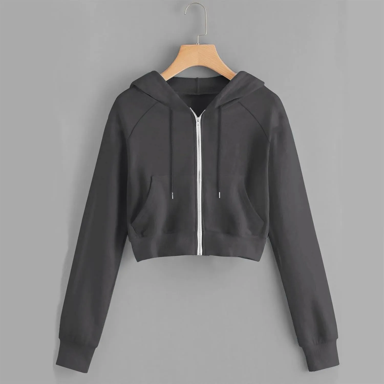 Cropped Hoodies for Women Trendy Zip Up Crop Sweatshirt Fashion Long Sleeve Solid Color Hooded Track Jacket