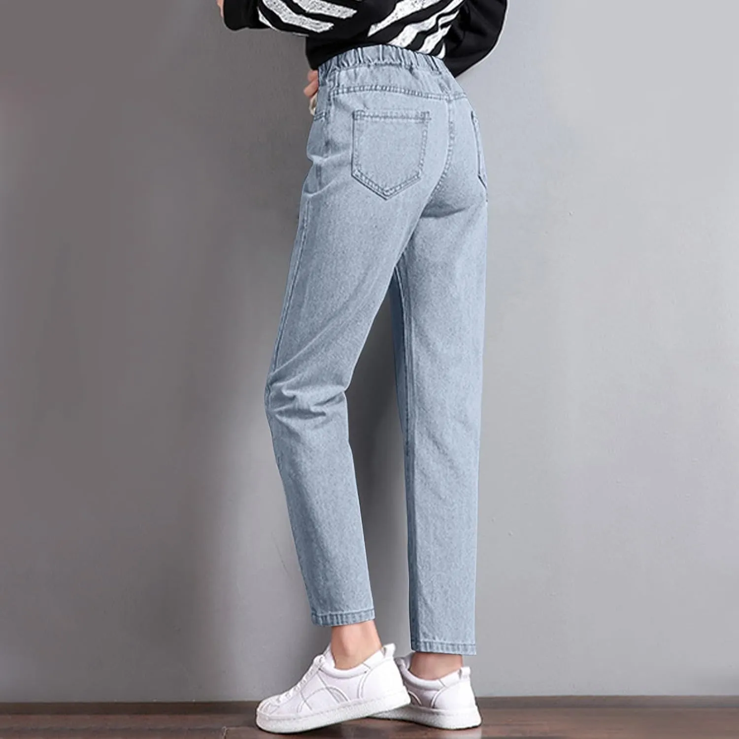 Cropped Jeans for Women Casual Classic High Waisted Drawstring Denim Pants Soft Retro Trouser with Pockets