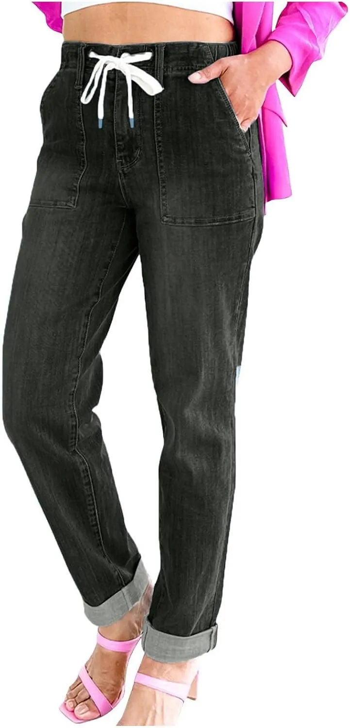 Cropped Jeans for Women Casual Classic High Waisted Drawstring Denim Pants Soft Retro Trouser with Pockets