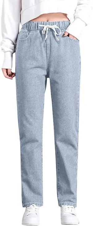 Cropped Jeans for Women Casual Classic High Waisted Drawstring Denim Pants Soft Retro Trouser with Pockets