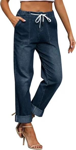 Cropped Jeans for Women Casual Classic High Waisted Drawstring Denim Pants Soft Retro Trouser with Pockets