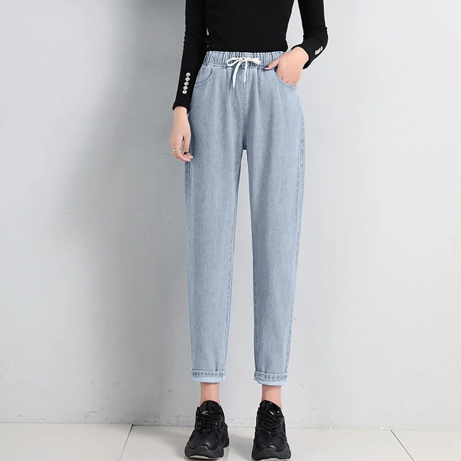 Cropped Jeans for Women Casual Classic High Waisted Drawstring Denim Pants Soft Retro Trouser with Pockets