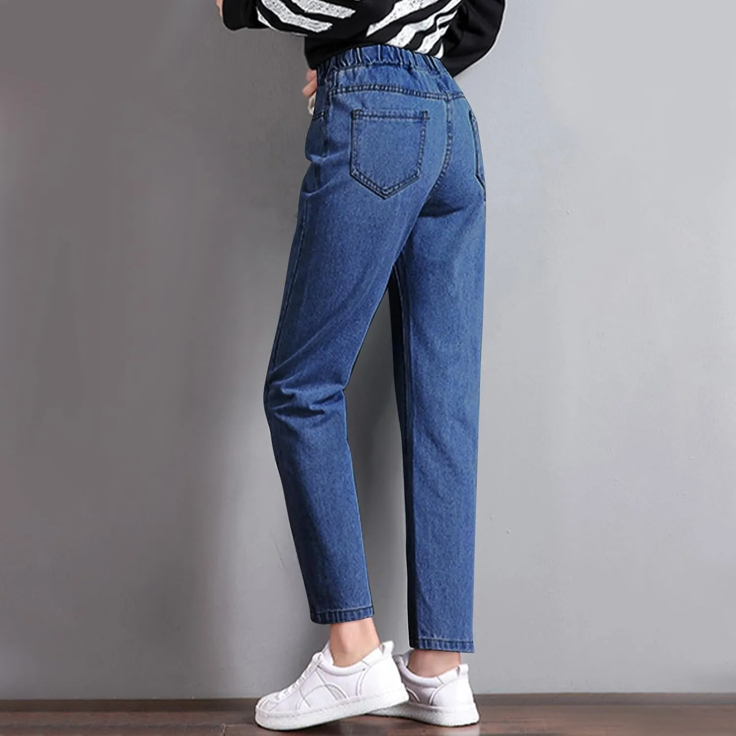 Cropped Jeans for Women Casual Classic High Waisted Drawstring Denim Pants Soft Retro Trouser with Pockets