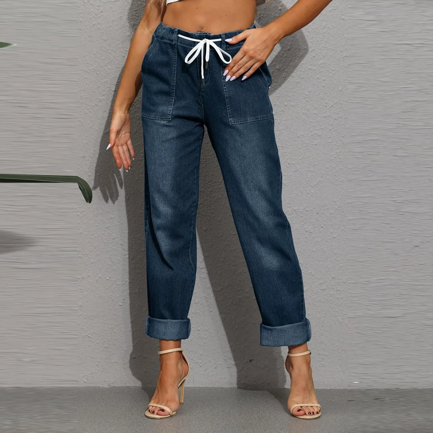 Cropped Jeans for Women Casual Classic High Waisted Drawstring Denim Pants Soft Retro Trouser with Pockets