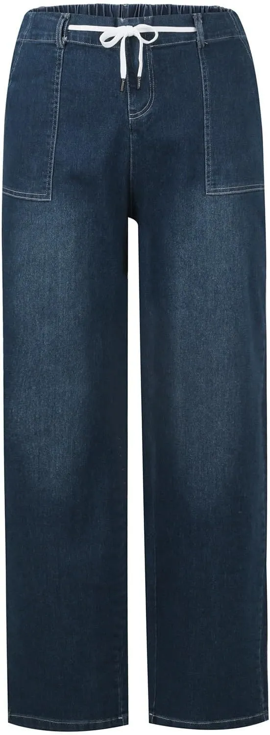 Cropped Jeans for Women Casual Classic High Waisted Drawstring Denim Pants Soft Retro Trouser with Pockets