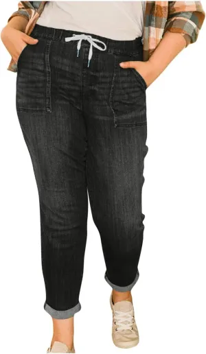 Cropped Jeans for Women Casual Classic High Waisted Drawstring Denim Pants Soft Retro Trouser with Pockets