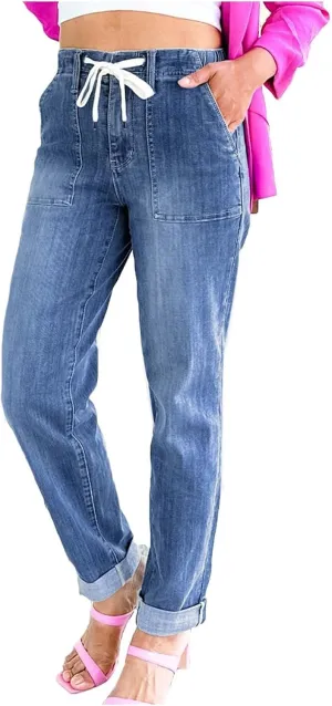 Cropped Jeans for Women Casual Classic High Waisted Drawstring Denim Pants Soft Retro Trouser with Pockets