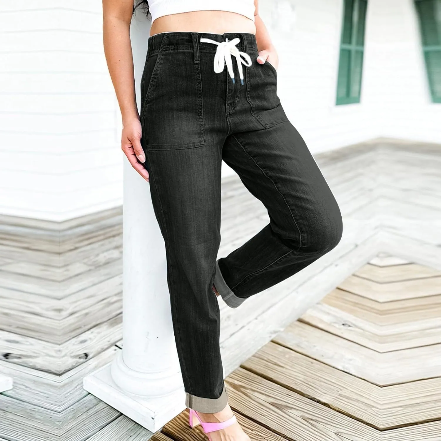 Cropped Jeans for Women Casual Classic High Waisted Drawstring Denim Pants Soft Retro Trouser with Pockets