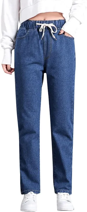 Cropped Jeans for Women Casual Classic High Waisted Drawstring Denim Pants Soft Retro Trouser with Pockets