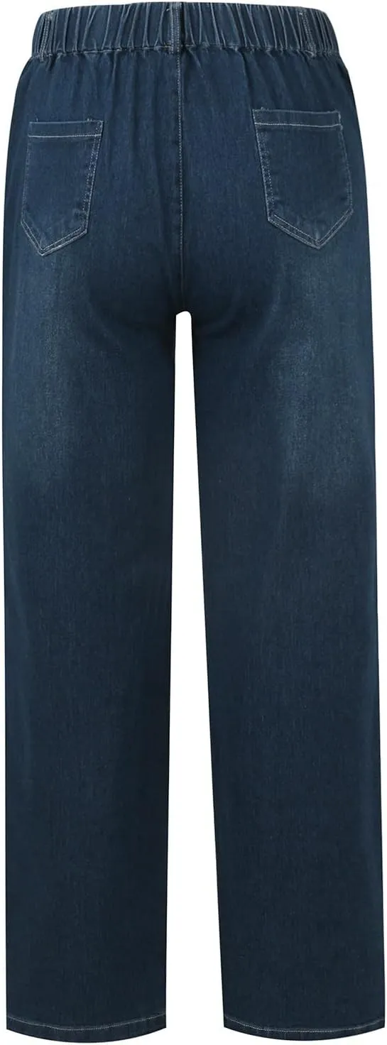 Cropped Jeans for Women Casual Classic High Waisted Drawstring Denim Pants Soft Retro Trouser with Pockets