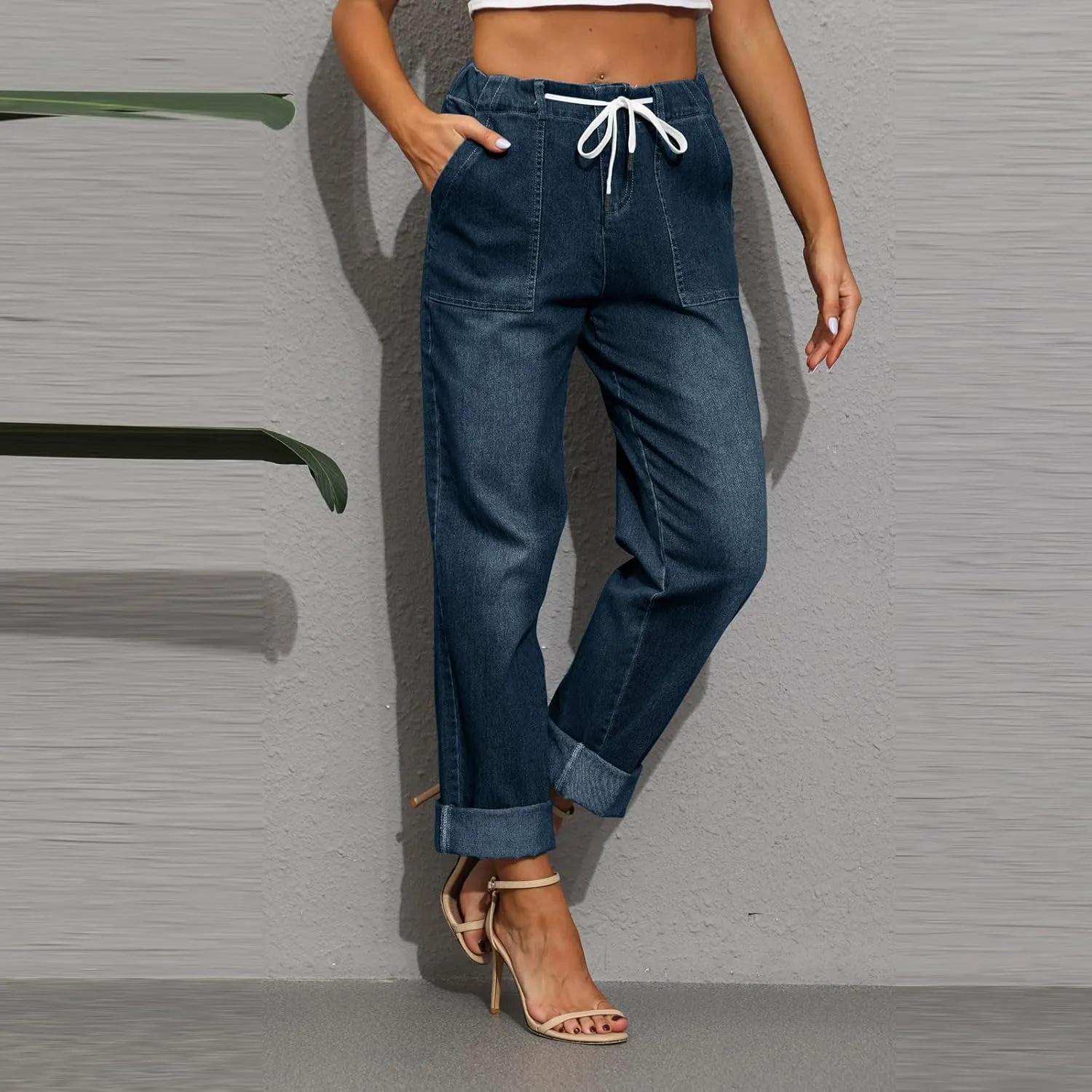 Cropped Jeans for Women Casual Classic High Waisted Drawstring Denim Pants Soft Retro Trouser with Pockets