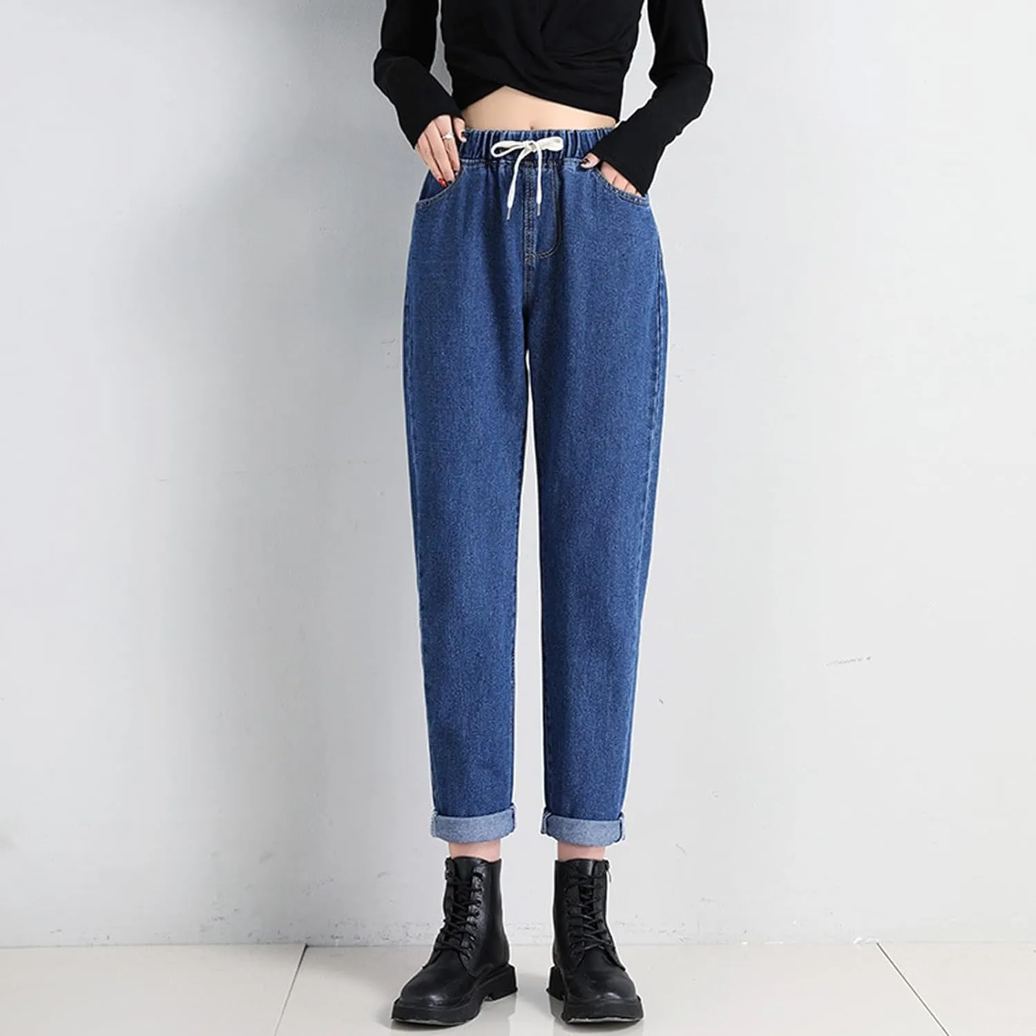 Cropped Jeans for Women Casual Classic High Waisted Drawstring Denim Pants Soft Retro Trouser with Pockets