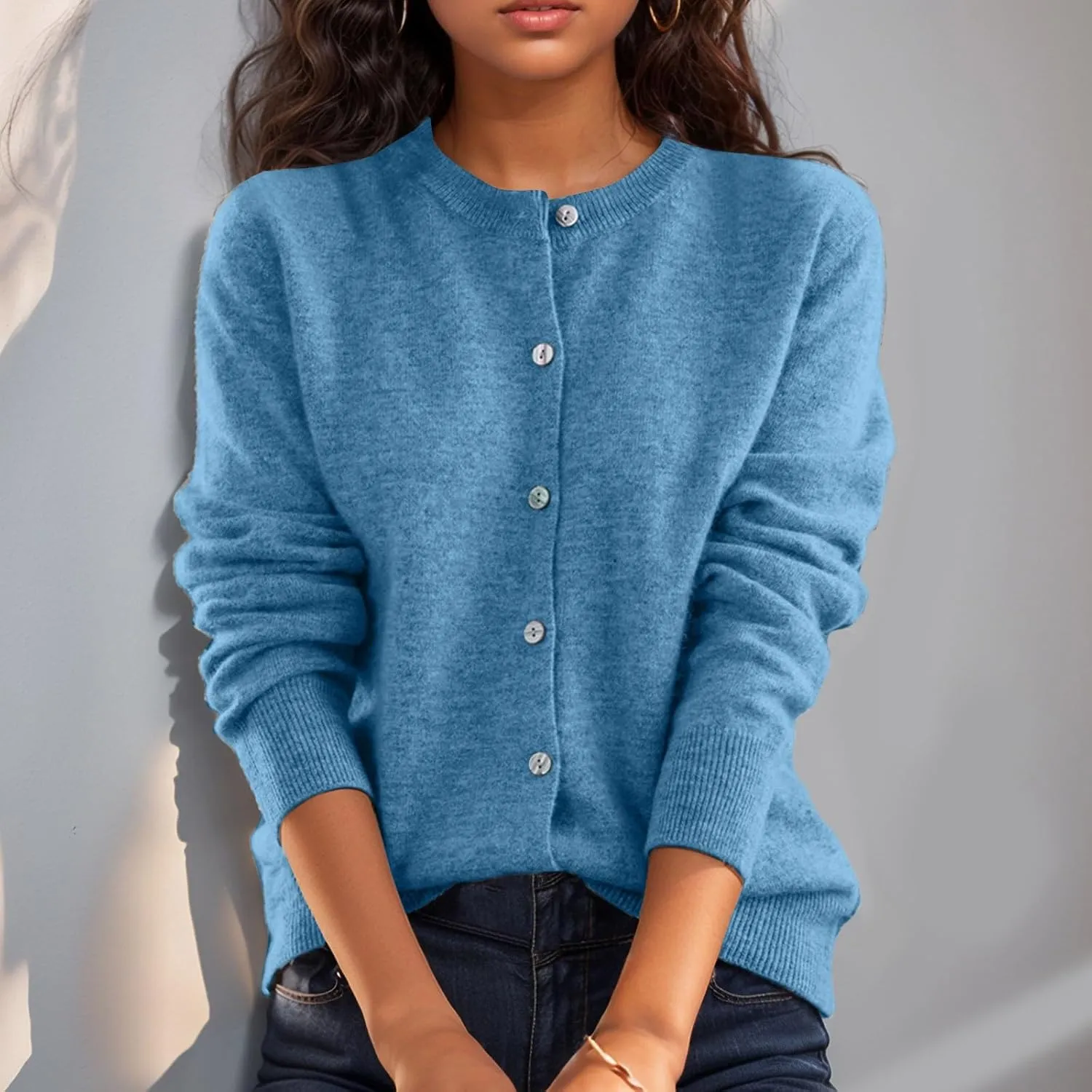 Cropped Sweaters for Women Knitted Lightweight Sweaters Long Sleeve Button Up Sweaters Cable Knit Open Front Cardigan