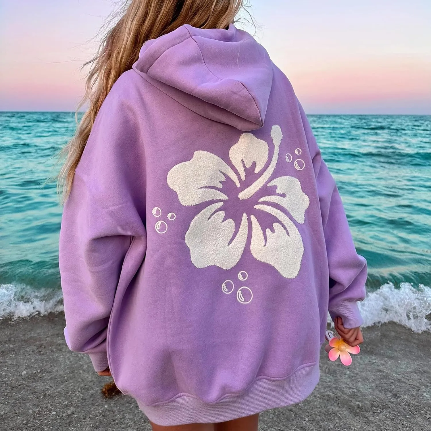 Cute Hoodies Teen Girls Y2k Preppy Floral Graphic Sweatshirt Women Embroidered Oversized Hooded Sweater Streetwear