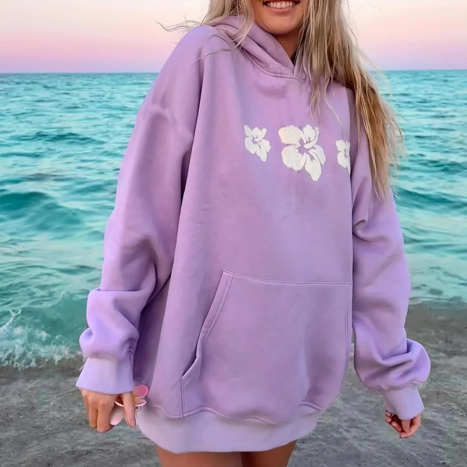 Cute Hoodies Teen Girls Y2k Preppy Floral Graphic Sweatshirt Women Embroidered Oversized Hooded Sweater Streetwear