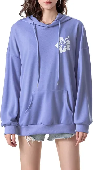 Cute Hoodies Teen Girls Y2k Preppy Floral Graphic Sweatshirt Women Embroidered Oversized Hooded Sweater Streetwear