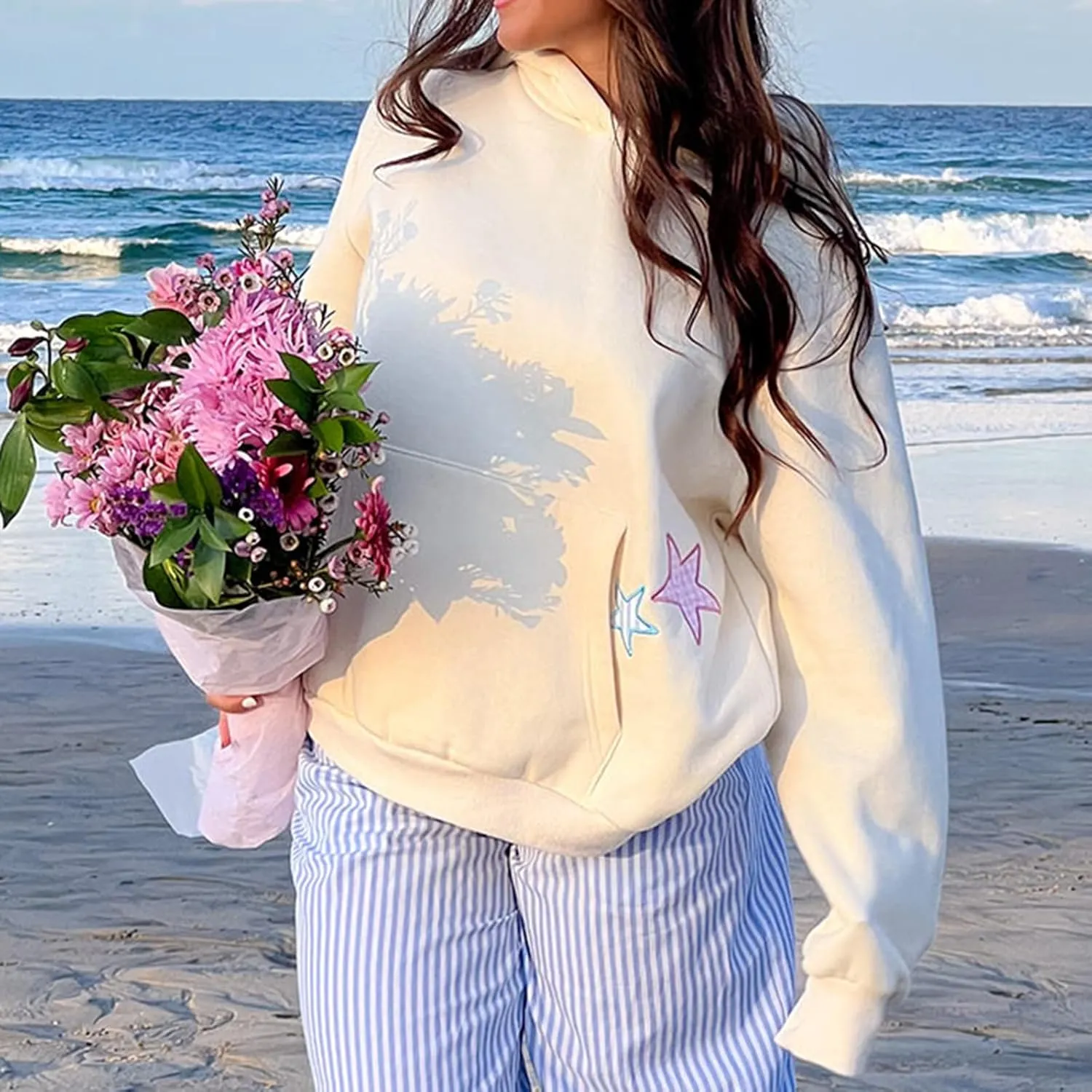 Cute Hoodies Teen Girls Y2k Preppy Floral Graphic Sweatshirt Women Embroidered Oversized Hooded Sweater Streetwear