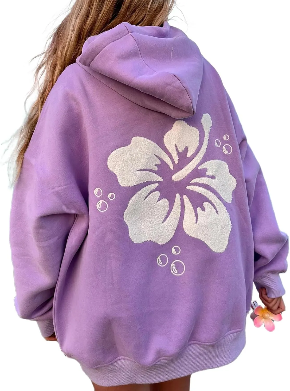 Cute Hoodies Teen Girls Y2k Preppy Floral Graphic Sweatshirt Women Embroidered Oversized Hooded Sweater Streetwear
