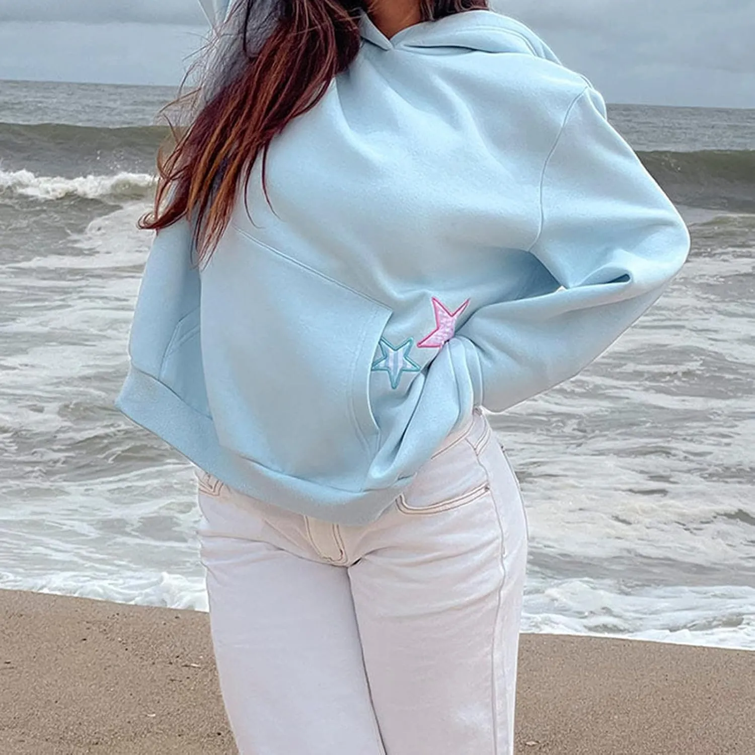 Cute Hoodies Teen Girls Y2k Preppy Floral Graphic Sweatshirt Women Embroidered Oversized Hooded Sweater Streetwear