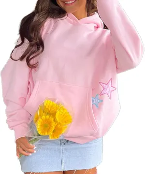 Cute Hoodies Teen Girls Y2k Preppy Floral Graphic Sweatshirt Women Embroidered Oversized Hooded Sweater Streetwear