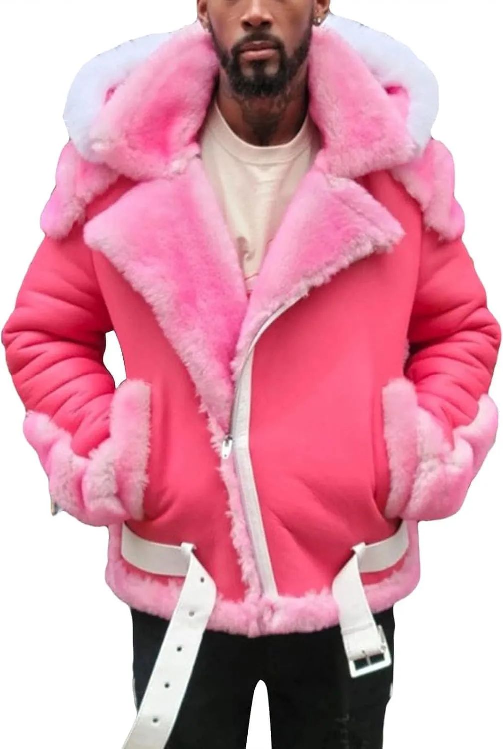 DGHM-JLMY Mens Bomber Hooded Shearling Coat Fur Hooded Sherpa Lined Jacket Faux Fur Lapel Collar Leather Jackets