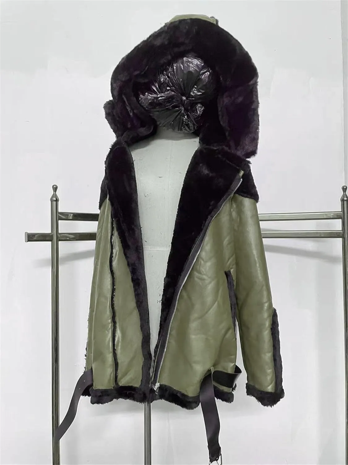 DGHM-JLMY Mens Bomber Hooded Shearling Coat Fur Hooded Sherpa Lined Jacket Faux Fur Lapel Collar Leather Jackets