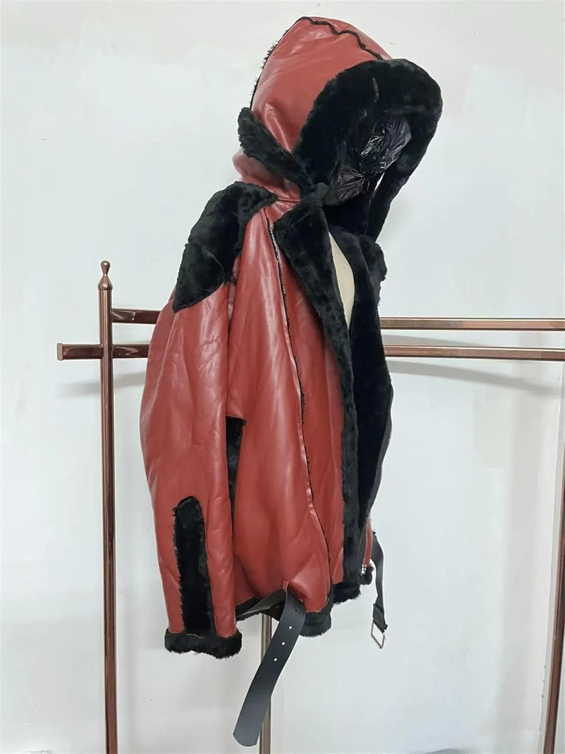 DGHM-JLMY Mens Bomber Hooded Shearling Coat Fur Hooded Sherpa Lined Jacket Faux Fur Lapel Collar Leather Jackets