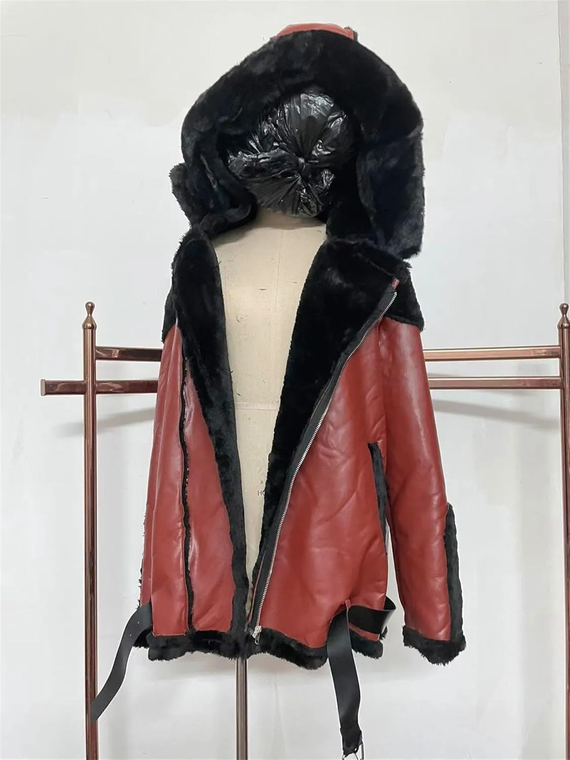 DGHM-JLMY Mens Bomber Hooded Shearling Coat Fur Hooded Sherpa Lined Jacket Faux Fur Lapel Collar Leather Jackets