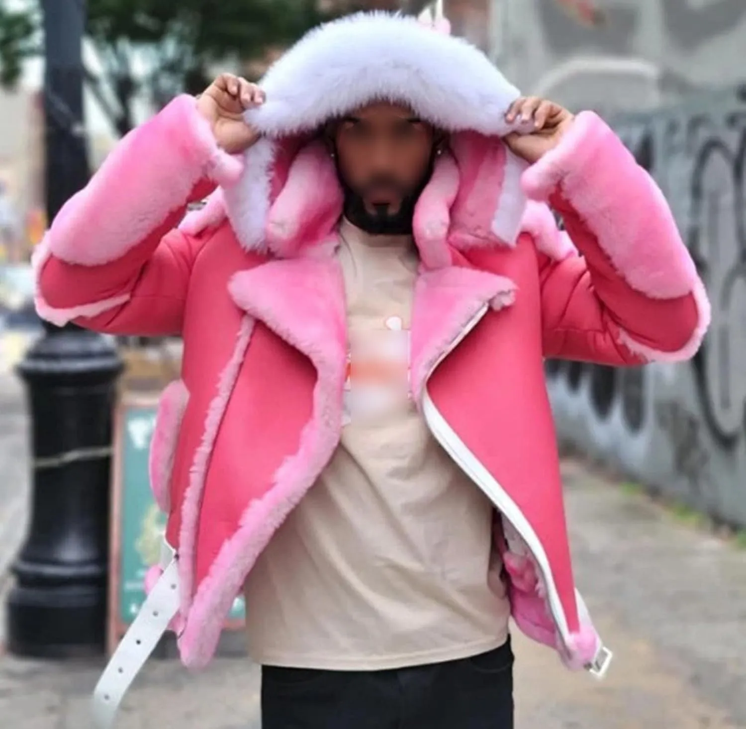DGHM-JLMY Mens Bomber Hooded Shearling Coat Fur Hooded Sherpa Lined Jacket Faux Fur Lapel Collar Leather Jackets