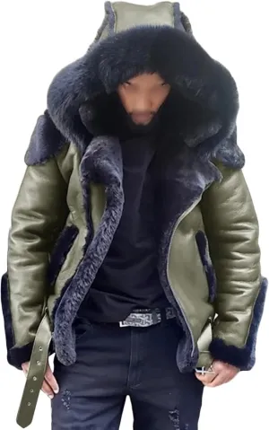 DGHM-JLMY Mens Bomber Hooded Shearling Coat Fur Hooded Sherpa Lined Jacket Faux Fur Lapel Collar Leather Jackets