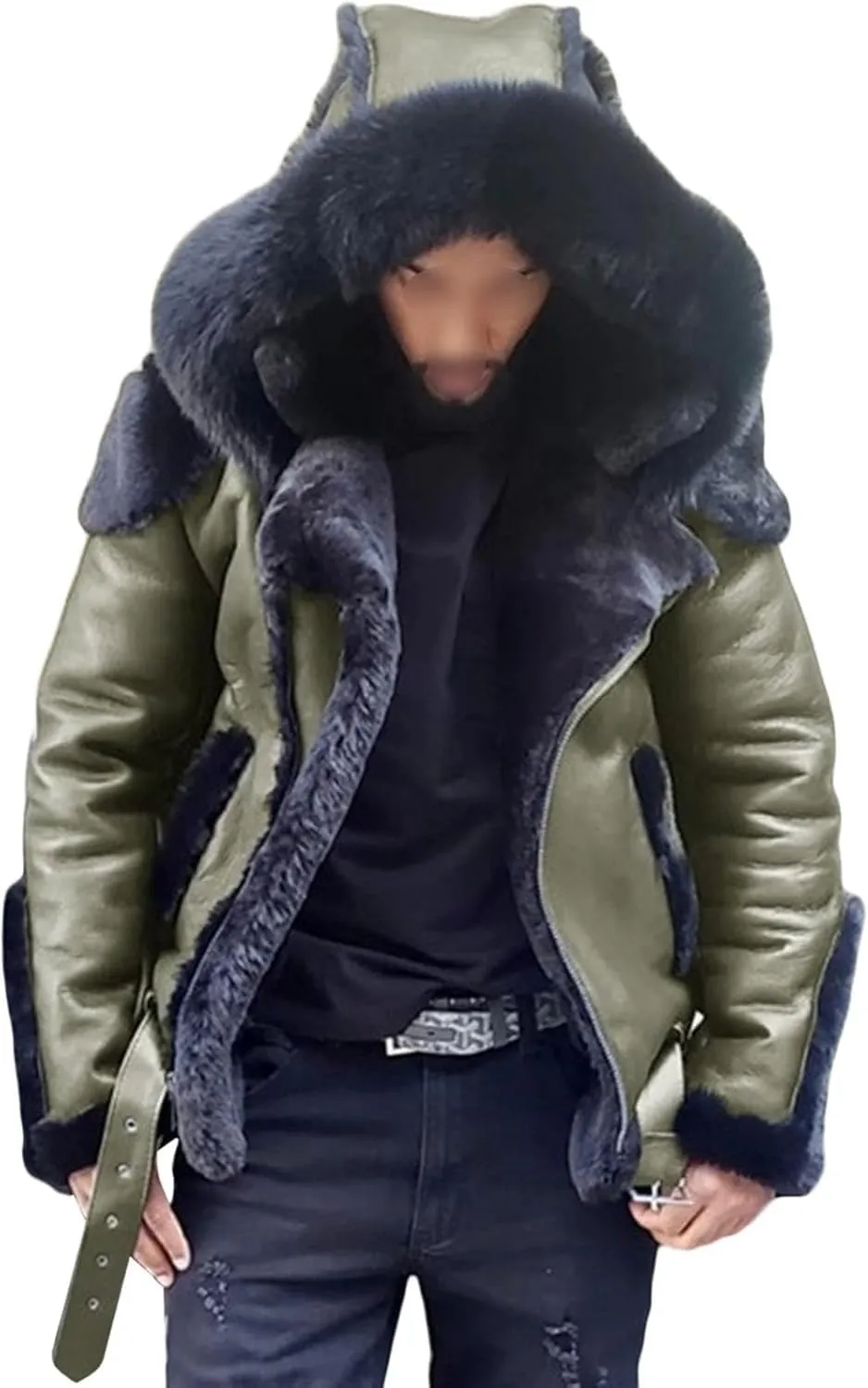 DGHM-JLMY Mens Bomber Hooded Shearling Coat Fur Hooded Sherpa Lined Jacket Faux Fur Lapel Collar Leather Jackets