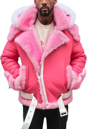 DGHM-JLMY Mens Bomber Hooded Shearling Coat Fur Hooded Sherpa Lined Jacket Faux Fur Lapel Collar Leather Jackets