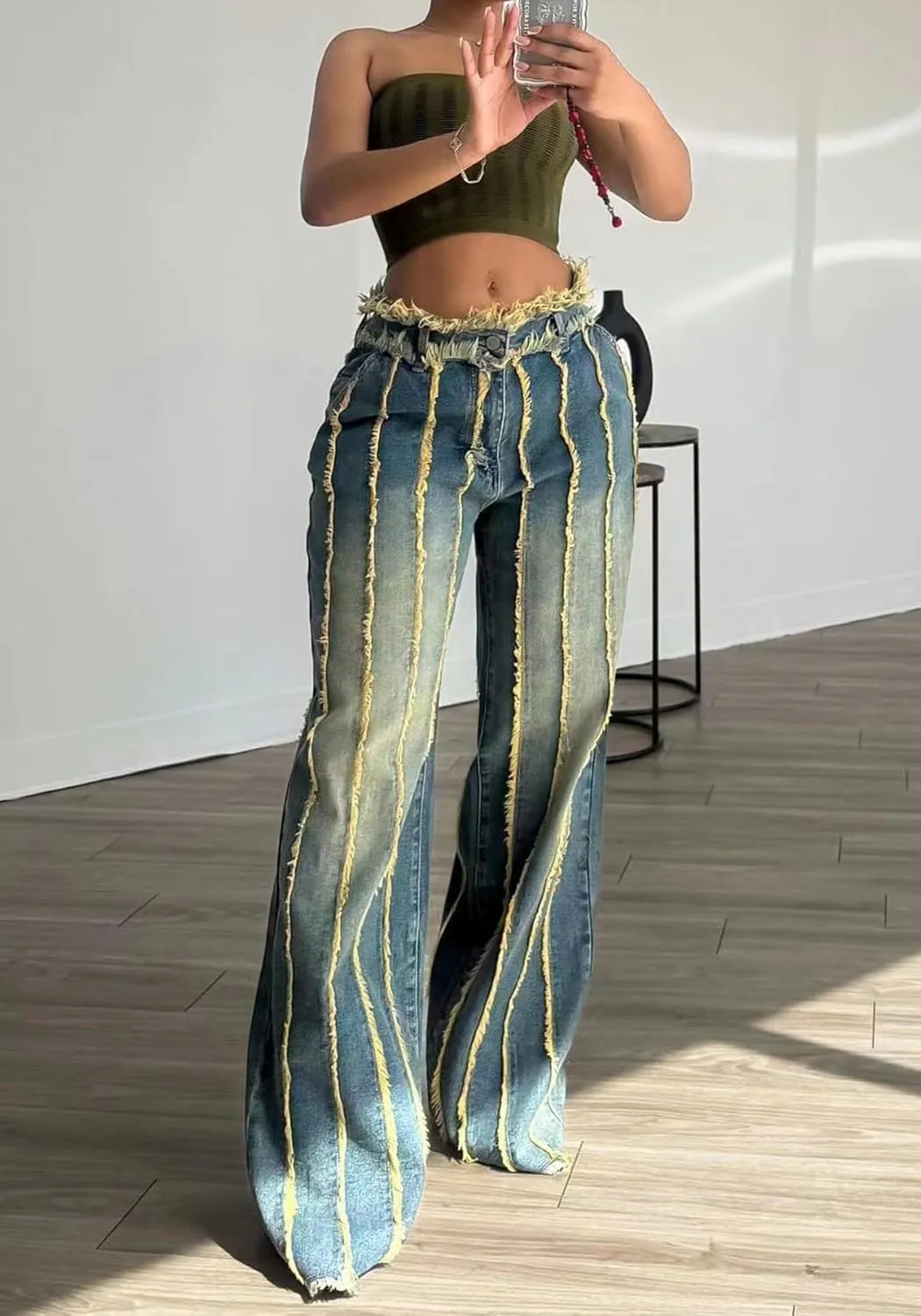 DINGANG Women's High Waisted Wide Leg Jeans Ripped Distressed Patchwork Denim Raw Baggy Y2K Stretchy Pants
