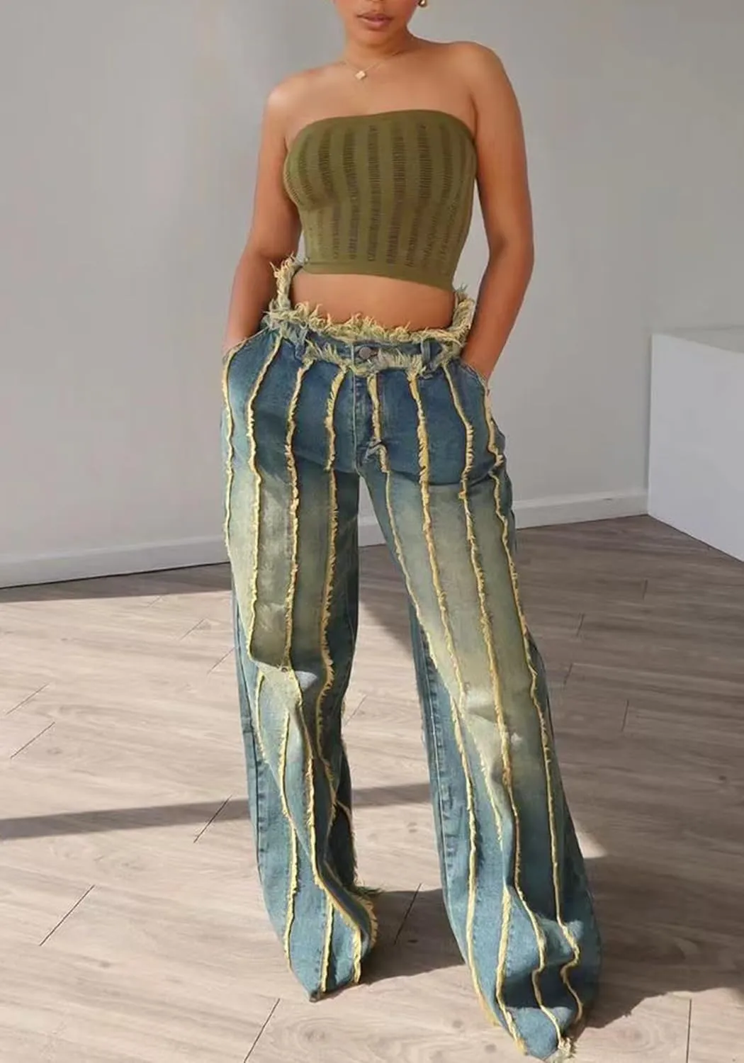 DINGANG Women's High Waisted Wide Leg Jeans Ripped Distressed Patchwork Denim Raw Baggy Y2K Stretchy Pants