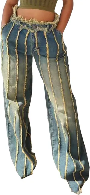 DINGANG Women's High Waisted Wide Leg Jeans Ripped Distressed Patchwork Denim Raw Baggy Y2K Stretchy Pants