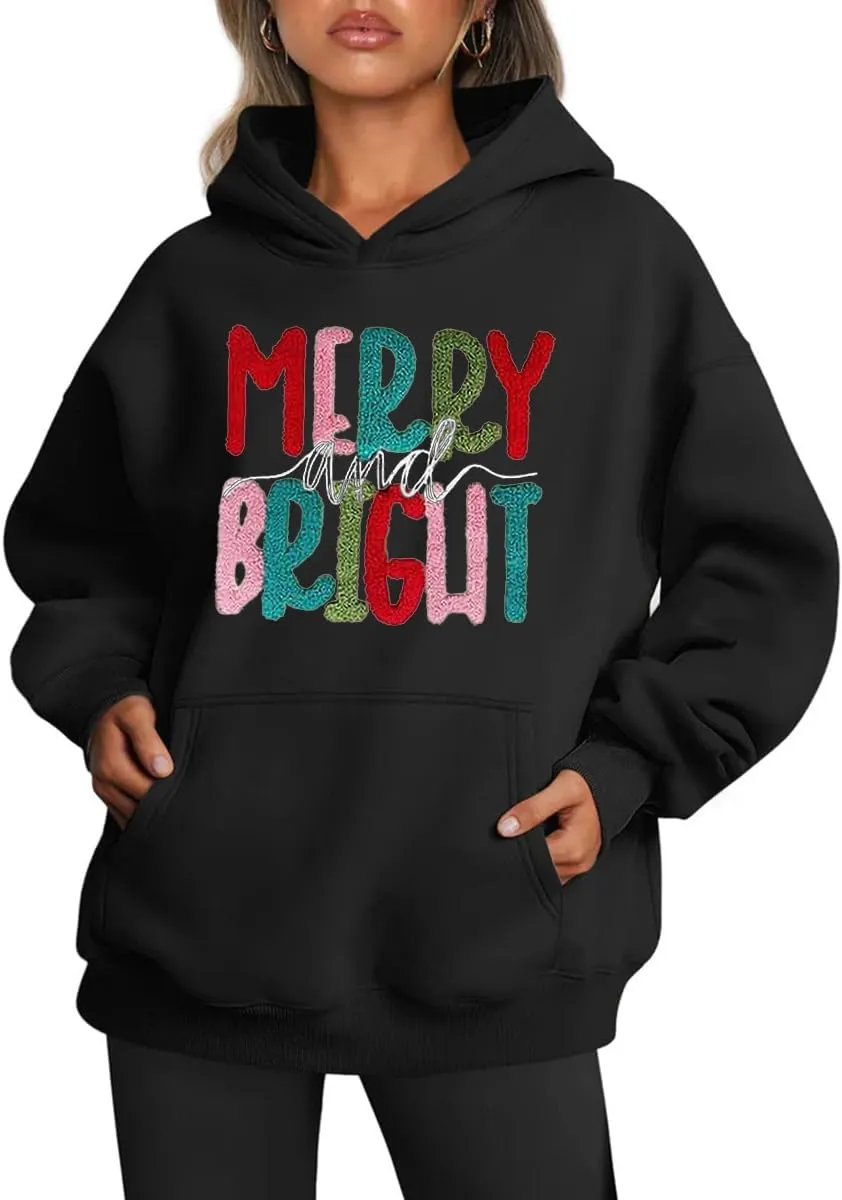 Earlymemb Women's Merry Christmas Oversized Hoodies Fleece Sweatshirts Funny Chenille Patch Xmas Holiday Pullover with Pocket