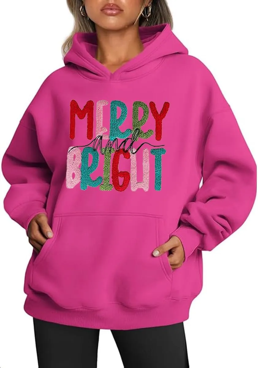 Earlymemb Women's Merry Christmas Oversized Hoodies Fleece Sweatshirts Funny Chenille Patch Xmas Holiday Pullover with Pocket