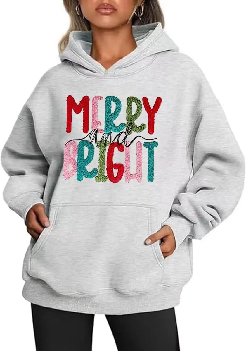 Earlymemb Women's Merry Christmas Oversized Hoodies Fleece Sweatshirts Funny Chenille Patch Xmas Holiday Pullover with Pocket