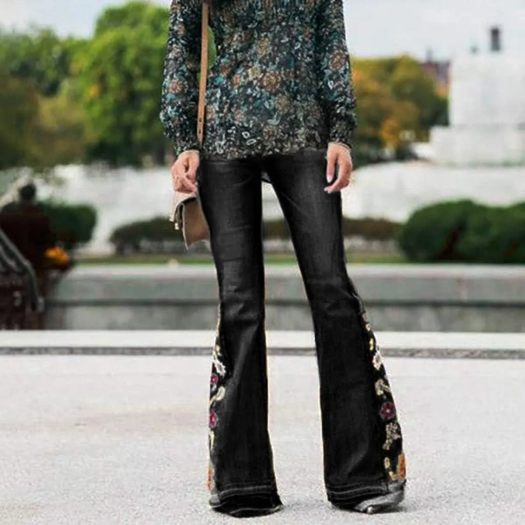 Embroidered Flare Jeans Women Bell Bottom Pants Stretch Floral Bell Bottom Jeans Plus Size Wide Leg Denim Pants
