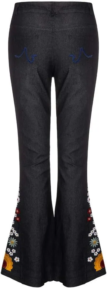 Embroidered Flare Jeans Women Bell Bottom Pants Stretch Floral Bell Bottom Jeans Plus Size Wide Leg Denim Pants