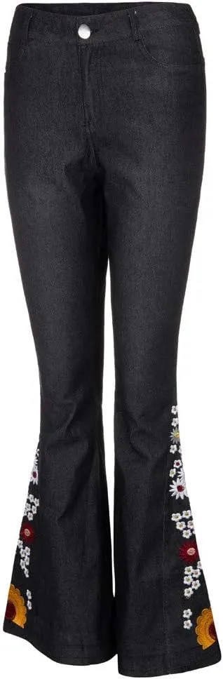 Embroidered Flare Jeans Women Bell Bottom Pants Stretch Floral Bell Bottom Jeans Plus Size Wide Leg Denim Pants