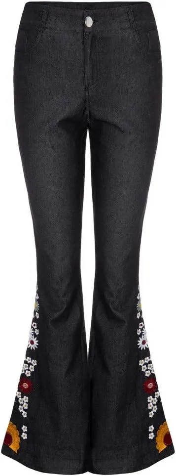 Embroidered Flare Jeans Women Bell Bottom Pants Stretch Floral Bell Bottom Jeans Plus Size Wide Leg Denim Pants