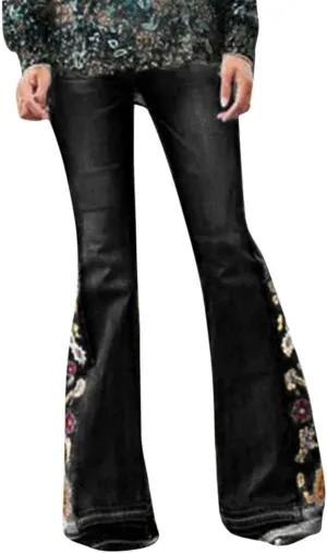 Embroidered Flare Jeans Women Bell Bottom Pants Stretch Floral Bell Bottom Jeans Plus Size Wide Leg Denim Pants