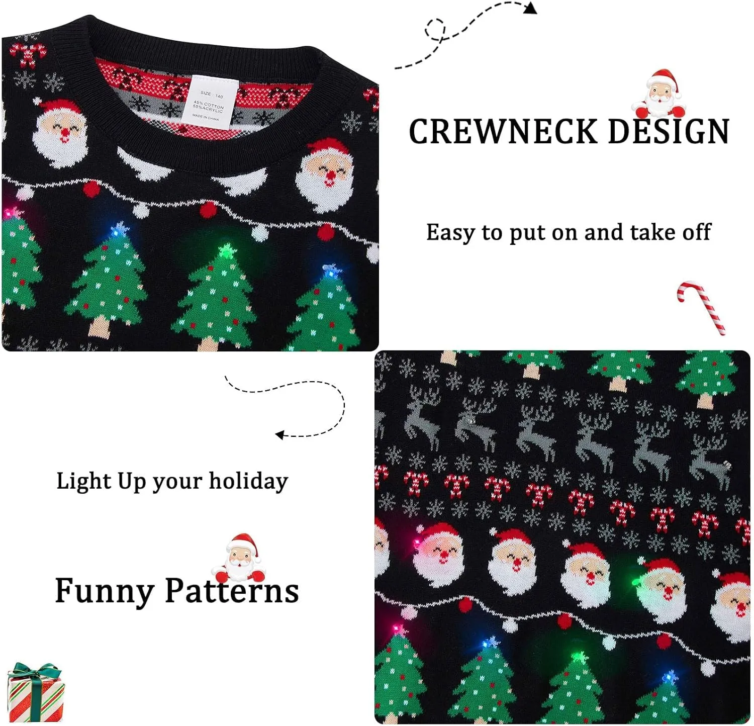 Enlifety 5-14T Kids Ugly Christmas Sweaters Boys LED Light Up Xmas Knitted Pullover