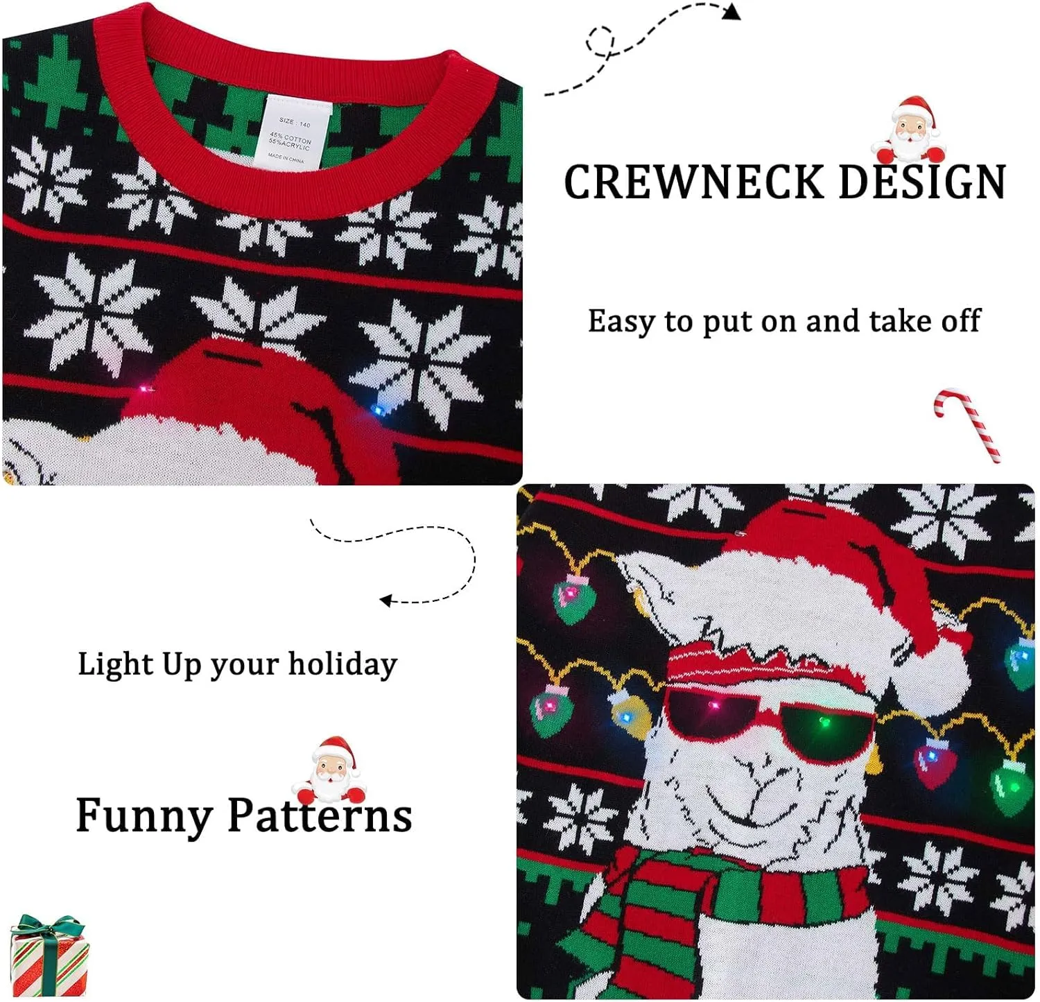 Enlifety 5-14T Kids Ugly Christmas Sweaters Boys LED Light Up Xmas Knitted Pullover