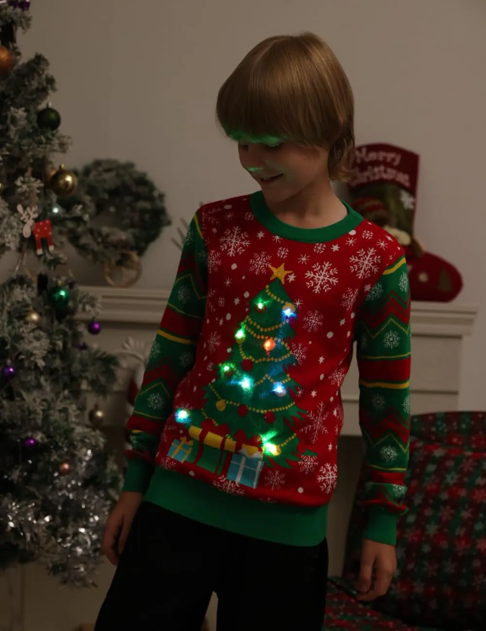 Enlifety 5-14T Kids Ugly Christmas Sweaters Boys LED Light Up Xmas Knitted Pullover
