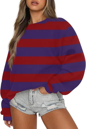 Fall Sweatshirts For Women Crew Neck Striped Pullover Trendy Crop Sweatshirts Winter Long Sleeve Sweaters Plus Size