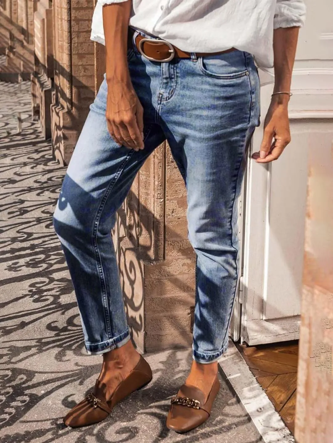 Flamingals Straight Leg Mid Waist Casual Roll Hem Denim Cropped Jeans Without Belt