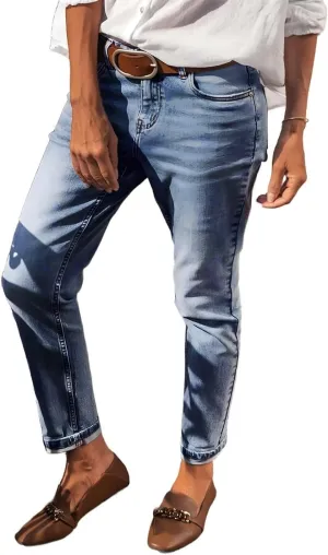 Flamingals Straight Leg Mid Waist Casual Roll Hem Denim Cropped Jeans Without Belt