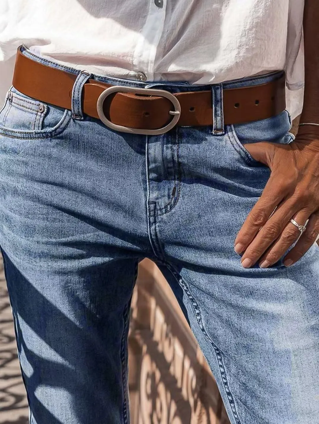 Flamingals Straight Leg Mid Waist Casual Roll Hem Denim Cropped Jeans Without Belt